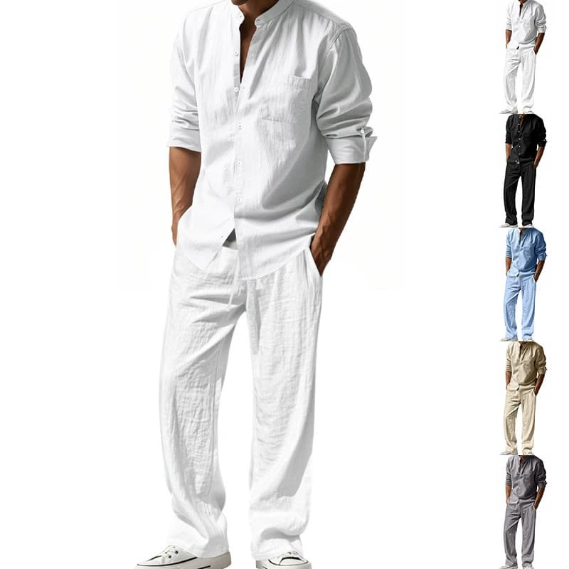 Loose Linen Men's Casual Long Sleeve Shirt And Pants Beach Set Breathable Four Seasons American Style Male Model Clothing