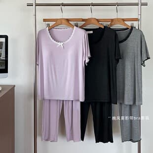 Evening Breeze Misty Shadow Modal Homewear Set with Padded Bra for Women Summer Short Sleeve Long Pants Loose Casual Round Neck Pajamas