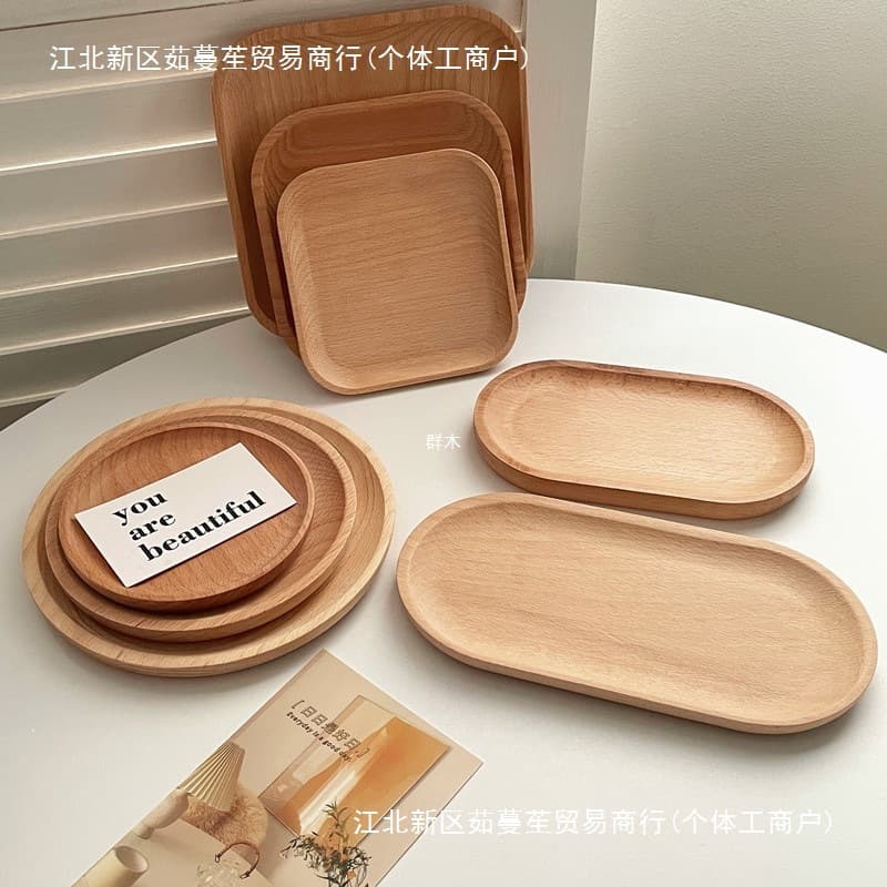 Wooden Tray Round Wood Tray Japanese Style Oval Beech Wood Small Wooden Plate Milk Snack Plate Photo Prop