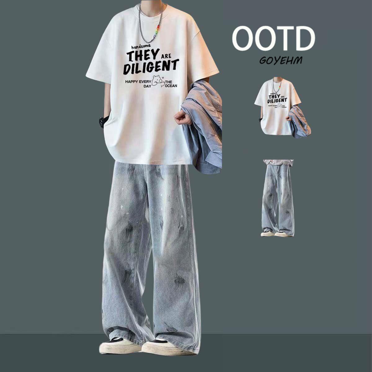 Junior High School Boys' Short-Sleeved High Street T-Shirt, Summer Casual Trendy Brand Youth Men's Clothing, Handsome Student Fashion Suit