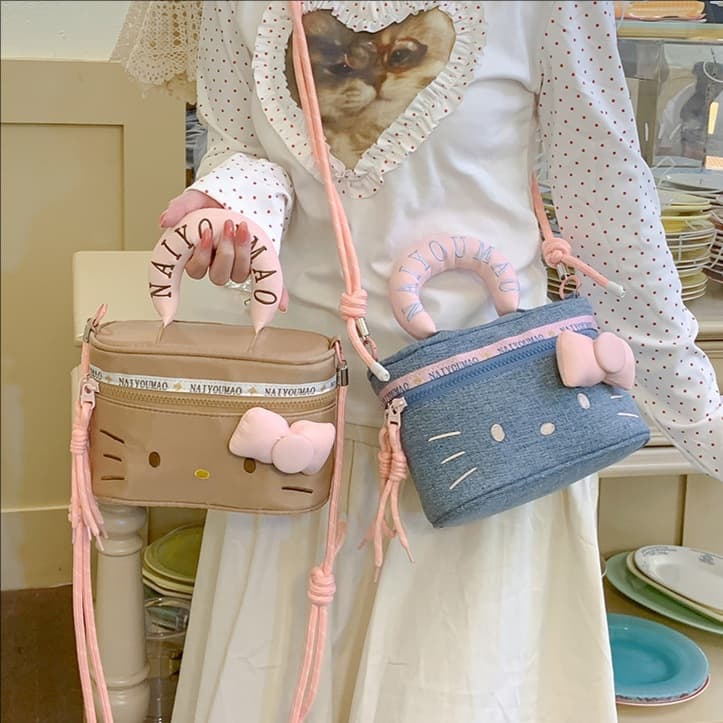 Japanese embroidered bow cat backpack portable travel crossbody bag high-value storage girls mini bag