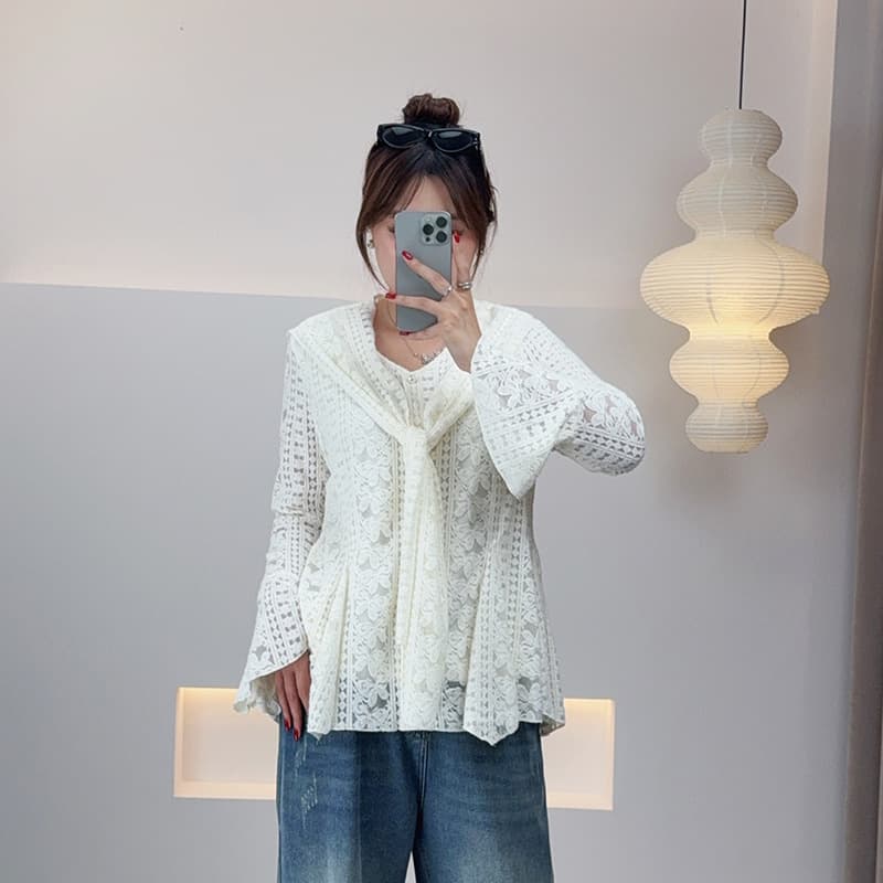 2025 Winter New Style Plus Size Women's Wear, Lace Shawl Irregular Long Sleeve Base Layer for 200 Jin Curvy Women, 9197
