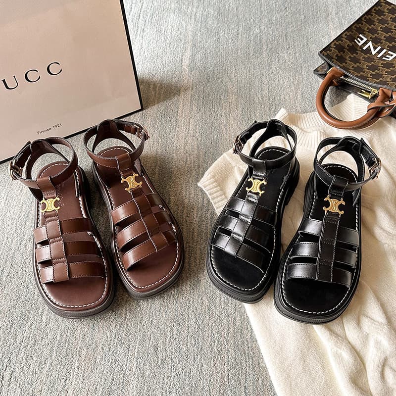 Braided sandals flat-soled small fragrant women's one-strap summer thick-soled genuine leather Roman beach shoes rubber soles