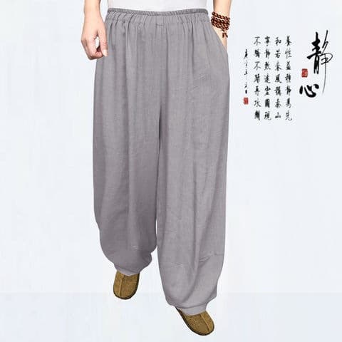 Men's Summer Chinese Style Linen Pants, Plus Size Loose Wide-Leg Lantern Pants, Cotton Linen Casual Harem Pants