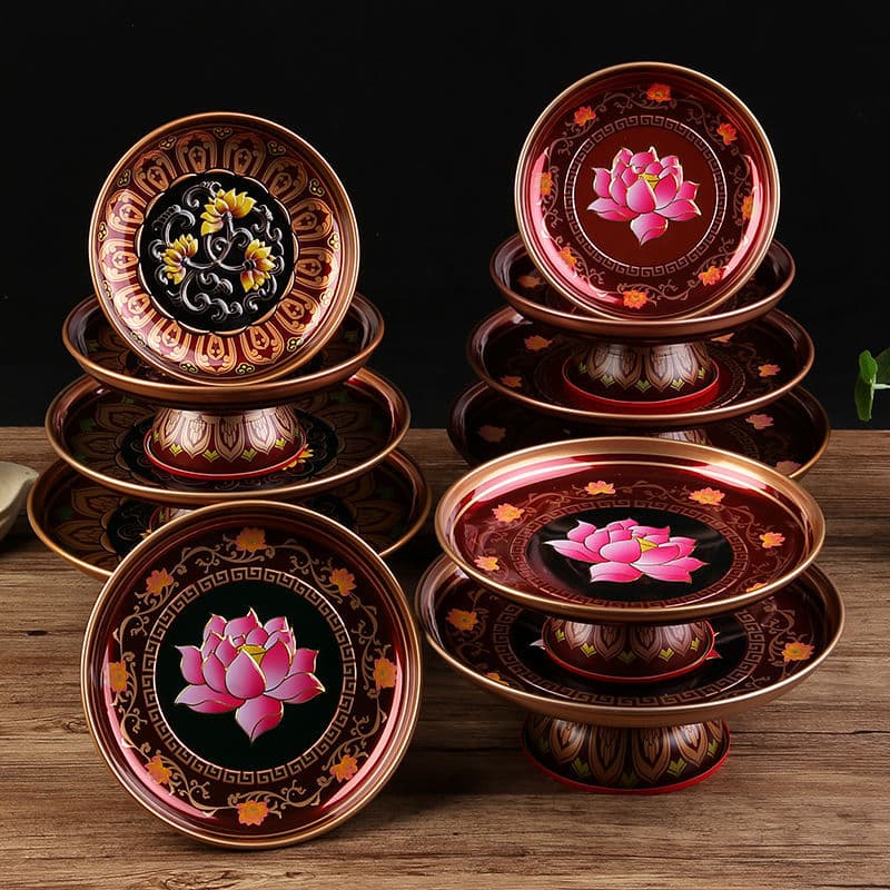 Alloy offering plate, painted fruit plate, deity offering plate, high-footed plate, offering plate, fruit plate, supplies for the God of Wealth