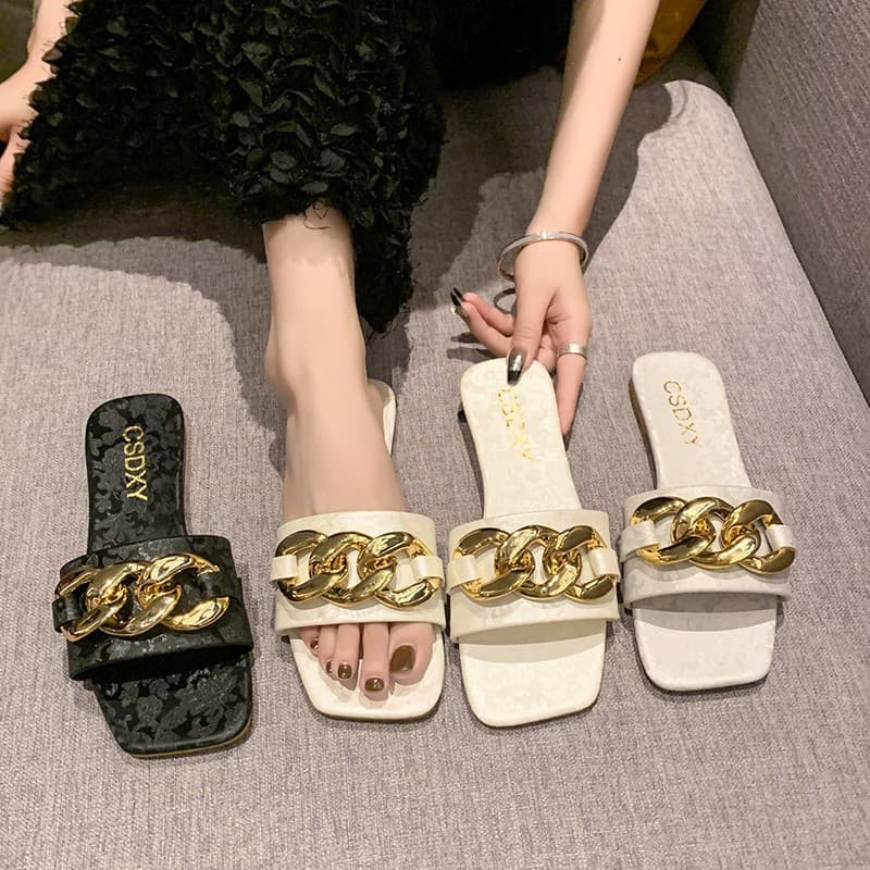 Flat Slippers Women Metal Chain Slides Flat Home Slippers Women Womens Flats Slippers