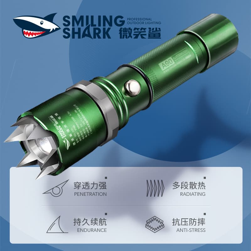 Smile Shark Tactical Flashlight with Strike Bezel, LED Rechargeable Aluminum Flashlight, Outdoor Self-Defense Flashlight