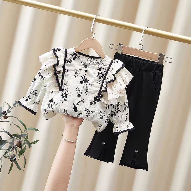 2433Q Girls 2025 Spring and Fall New Children's Clothing Baby Girl Fashion Lace Trim Shirt and Flared Pants Set
