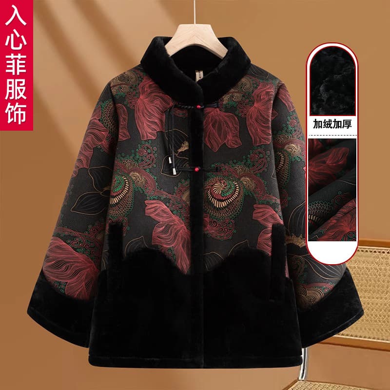 Grandma-style spring coat, long-sleeve top for elderly women, chic mother's wear, lapel design for seniors.