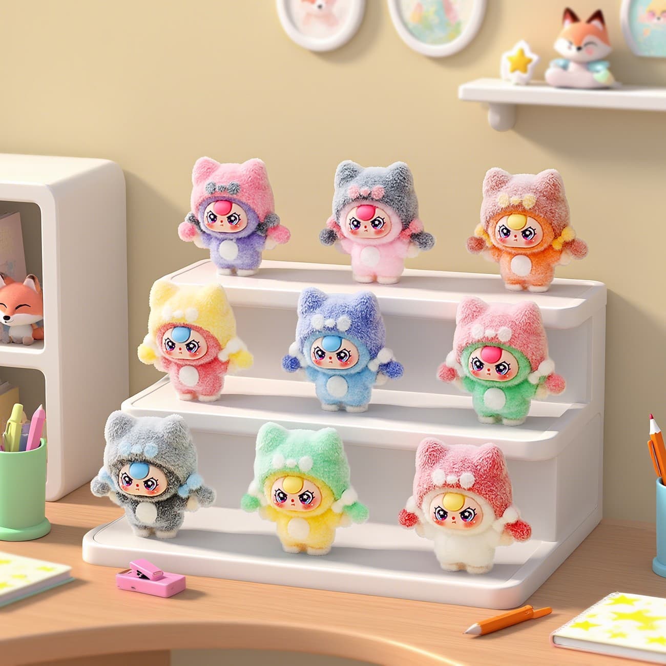 New flocked fox hat doll, 3-year-old cute doll, desktop ornament, matching blind box/blind bag accessories wholesale.