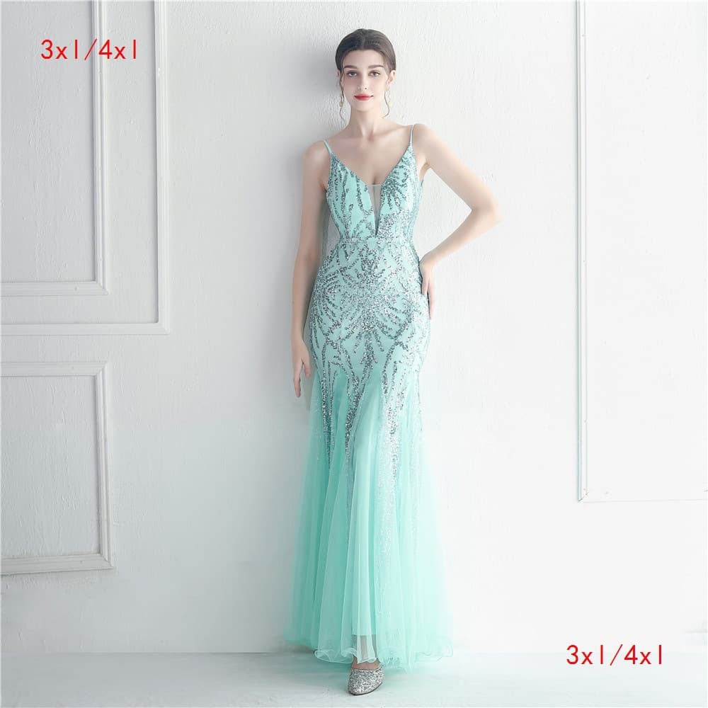 19865-S#3XL4XL Long Sequin Plus Size Performance Dress Banquet Evening Gown