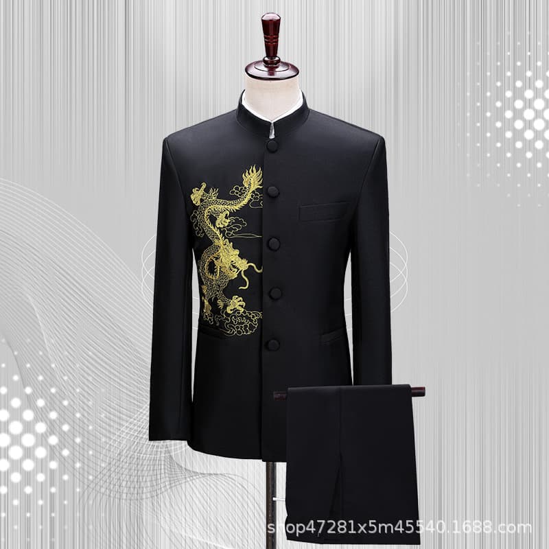 Black stand-up collar tunic suit male singer host youth choir performance suit suit Republic of China style national style