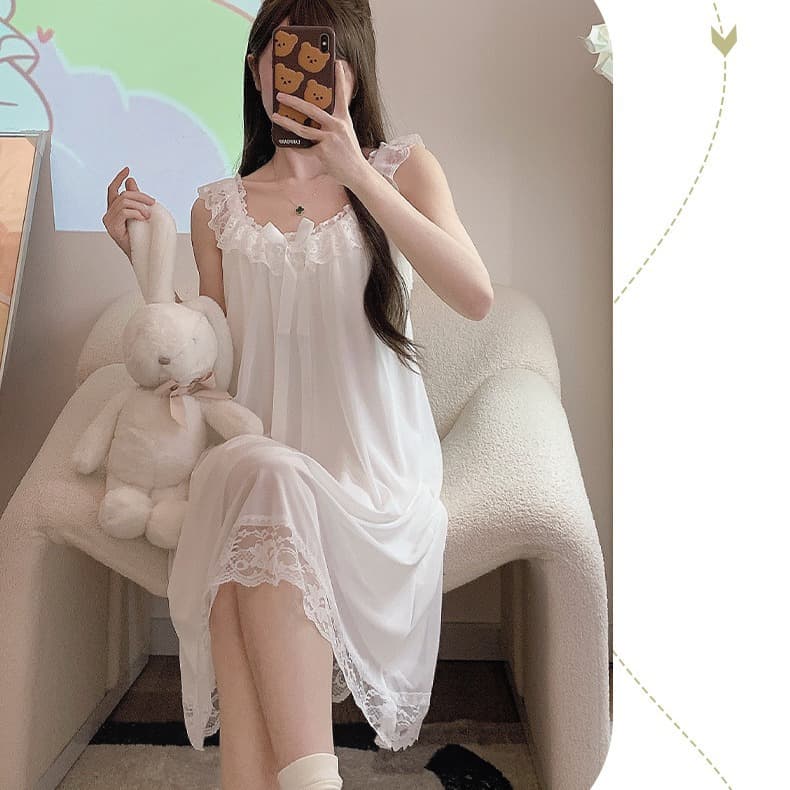 Women's Summer Short Sleeve Nightdress 2024 New Pure Style Sexy Lace Mesh Pajamas Lace A8806# With Removable Pads
