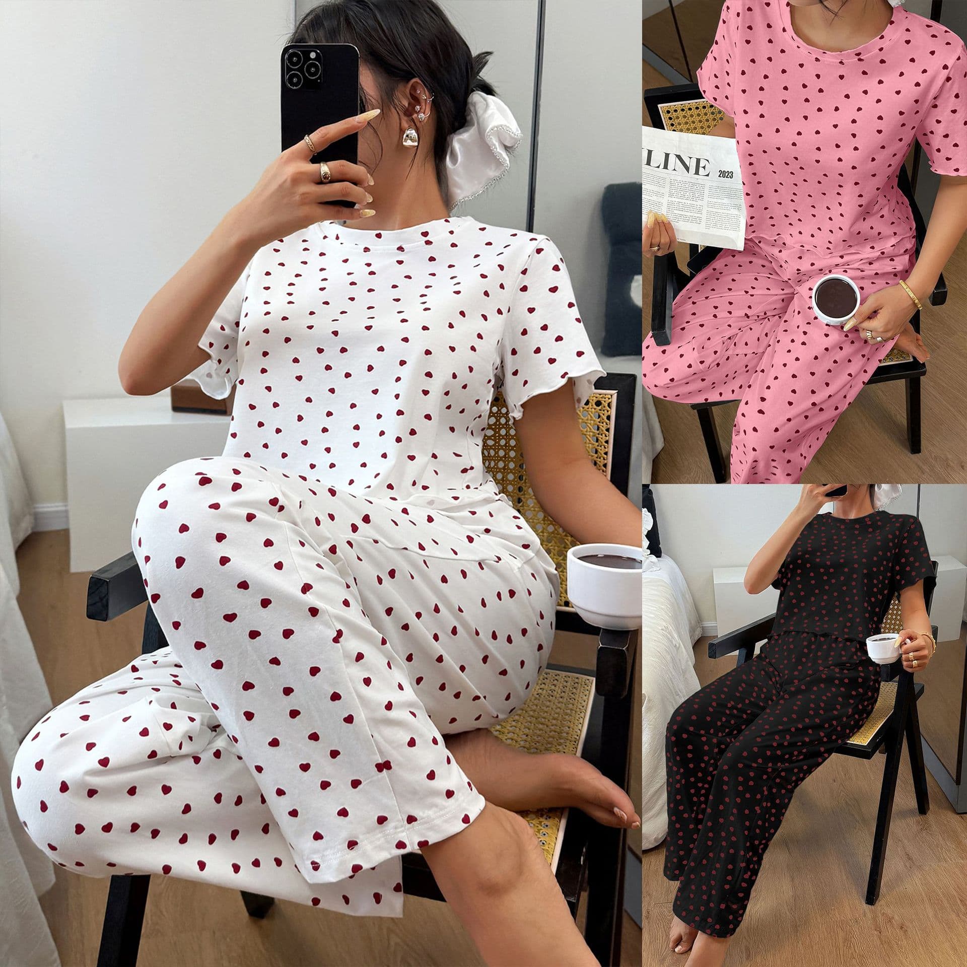 European and American cross-border women's cotton pajamas love print fashion casual short-sleeved trousers home wear suit for women