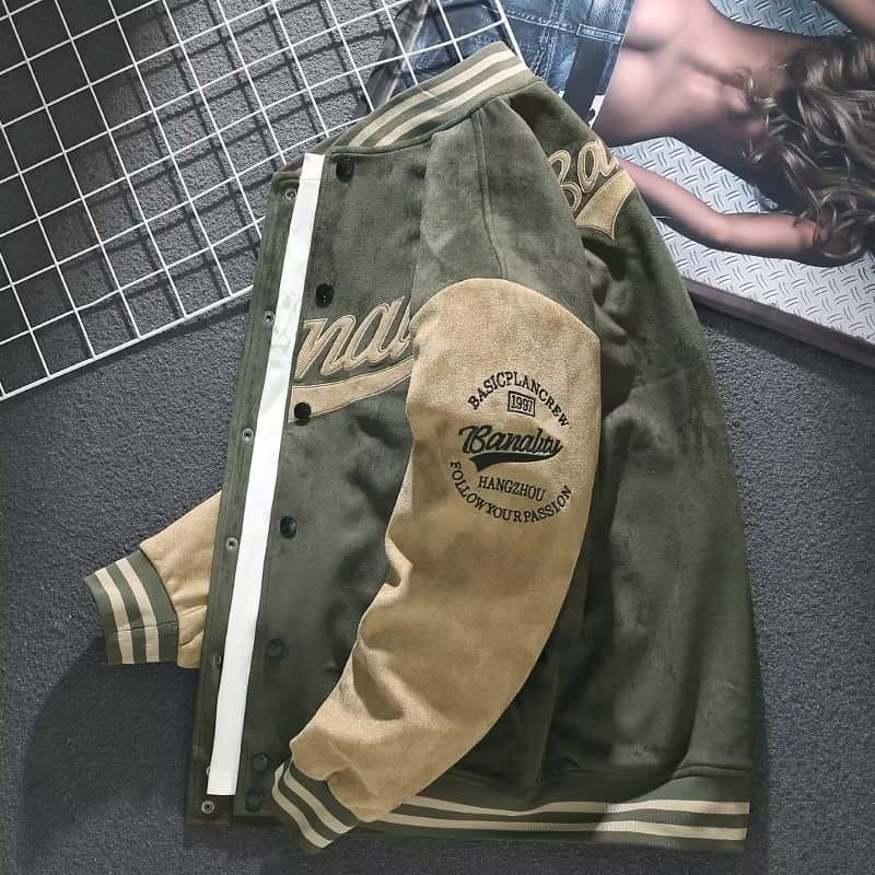 Snowflake Fleece Baseball Jacket for Men, Autumn/Winter American Retro Style, Loose Fit Top with Embroidery, Pilot Bomber Jacket