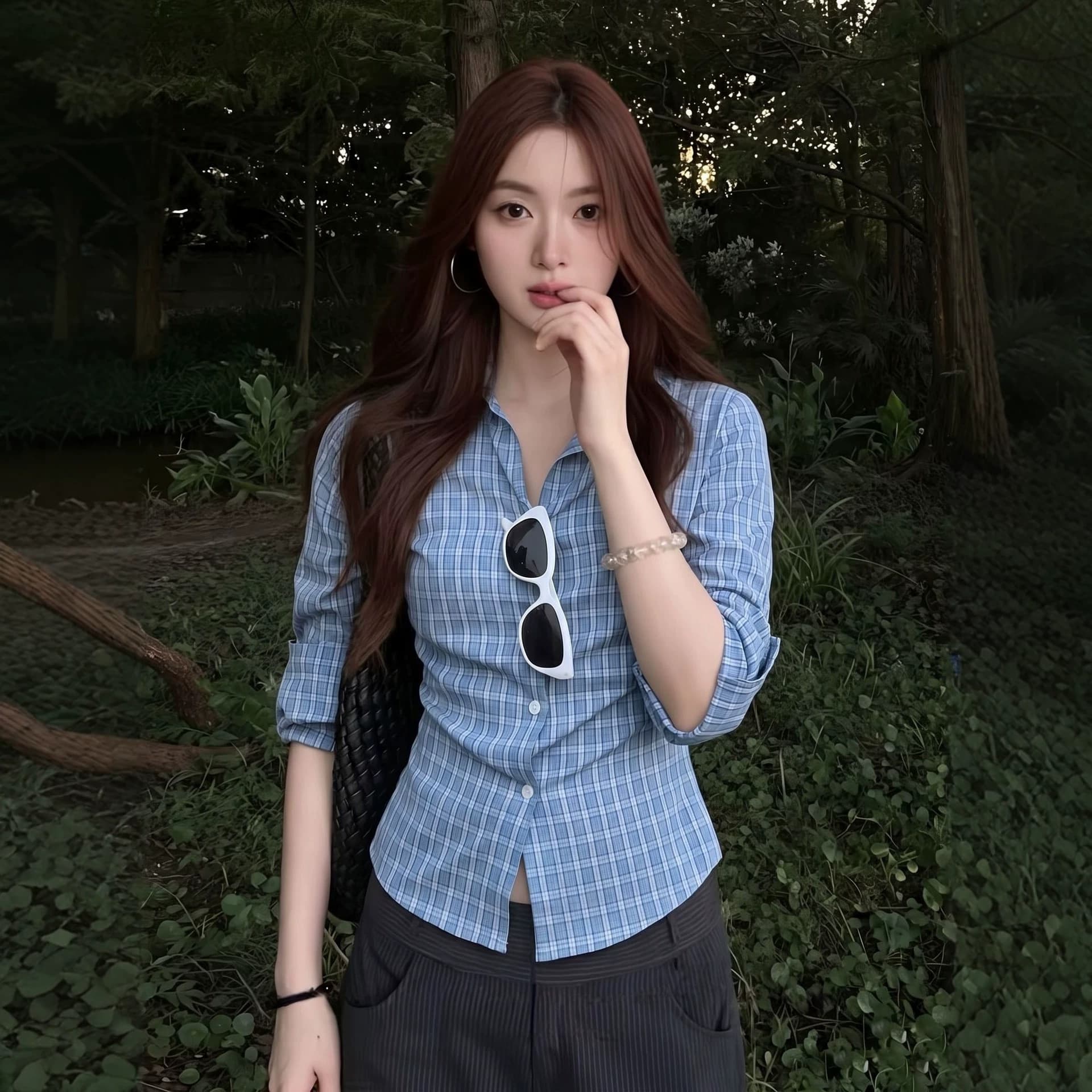 2026 plus size Korean college daughter style blue plaid short-sleeved shirt for women summer waist slimming right shoulder top