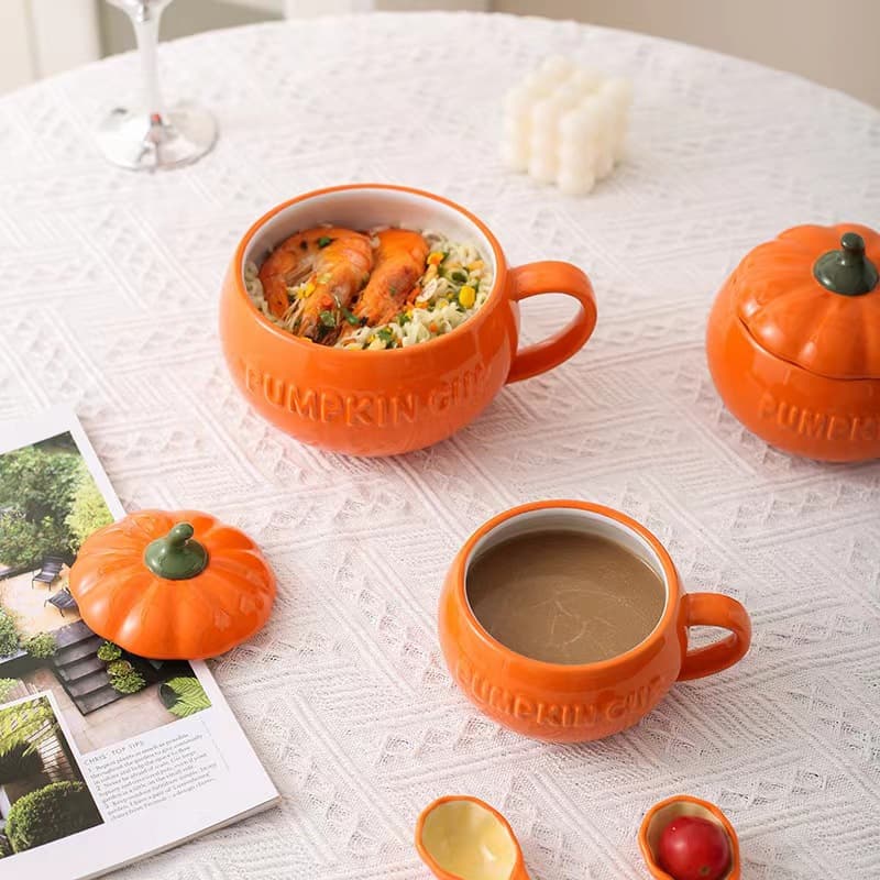 Halloween Ceramic Pumpkin Mug, High Appearance, Milk Oatmeal Breakfast Cup, Instant Noodle Steamed Egg Bowl with Lid, Coffee Mug
