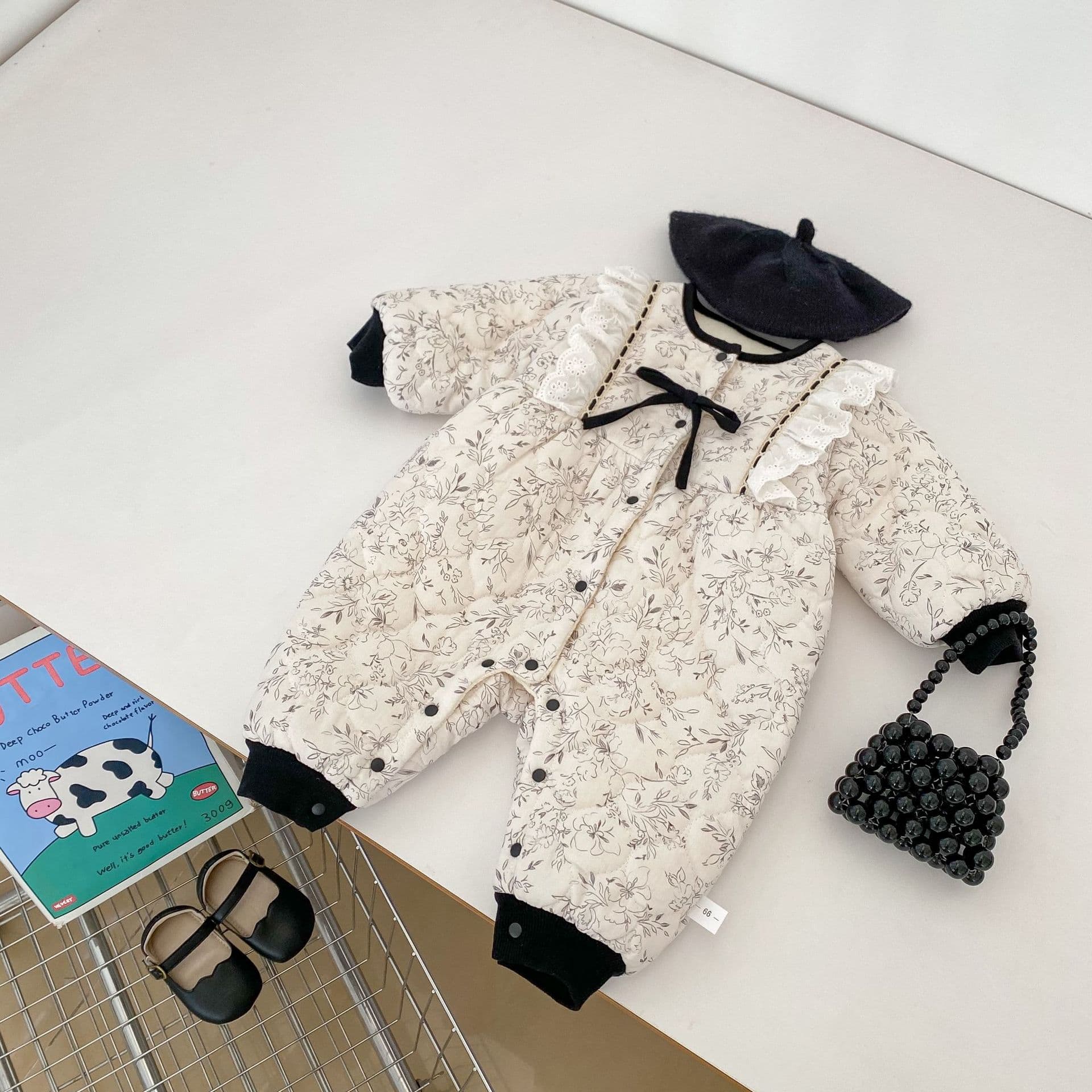 Winter Newborn Baby Girl Floral Black and White Bow Bodysuit with Fleece Lining and Cotton Padding Baby Romper