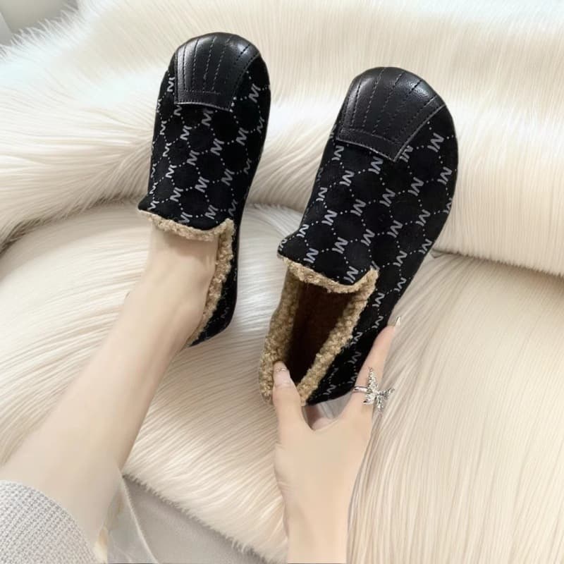Women's Bean Shoes Cotton Slip-On Retro Fleece-Lined Flat Shoes Little Fragrance Style Shoes for Women Mother Shoes Middle-Aged and Elderly