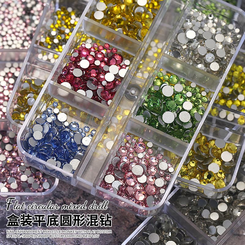 Nails Wholesale Mixed 6-Compartment Round Diamond Nail Art DIY Ultra-Glitter Color Flat Bottom Glass Rhinestone Nail Decoration