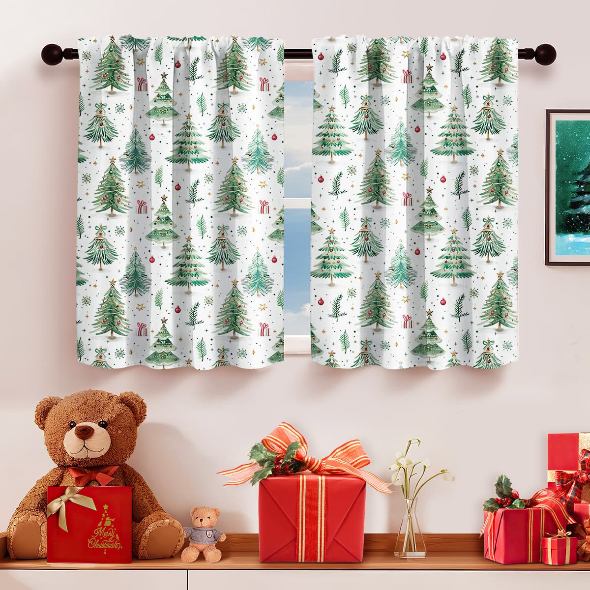 Amazon Cross-Border Christmas Forest Rod Pocket Short Curtain Kitchen Window Blackout Partition Curtain SHEIN Drop Shipping