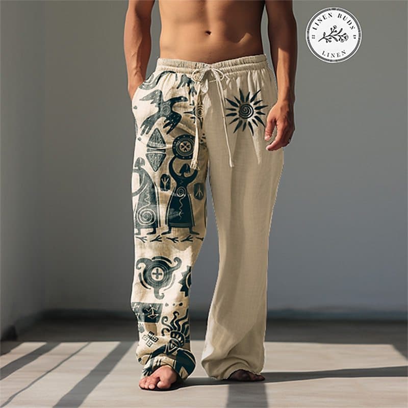 New Spring Casual Drawstring Mid-Rise Retro 3D Digital Print Men's Beach Straight-Leg Long Pants Cross-Border Independent Station