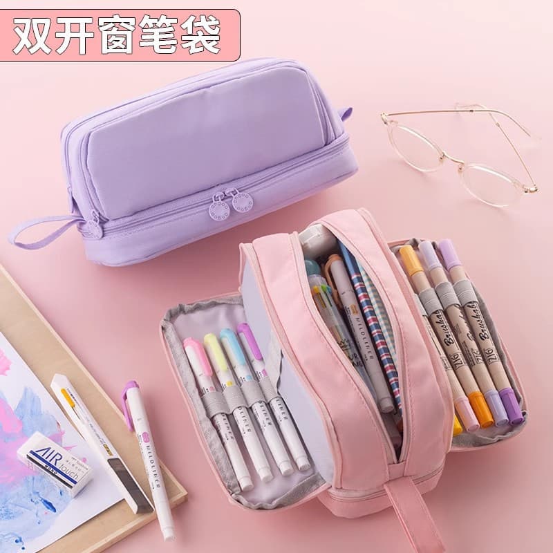 Multi-layer separated large-capacity pencil bag solid color multi-functional stationery bag for college students men and women pencil bag portable cross-border