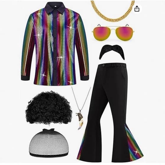 2025 New Sequin Shirt + Bell Bottoms Set 70s Men's Classic Casual Disco Performance Costume