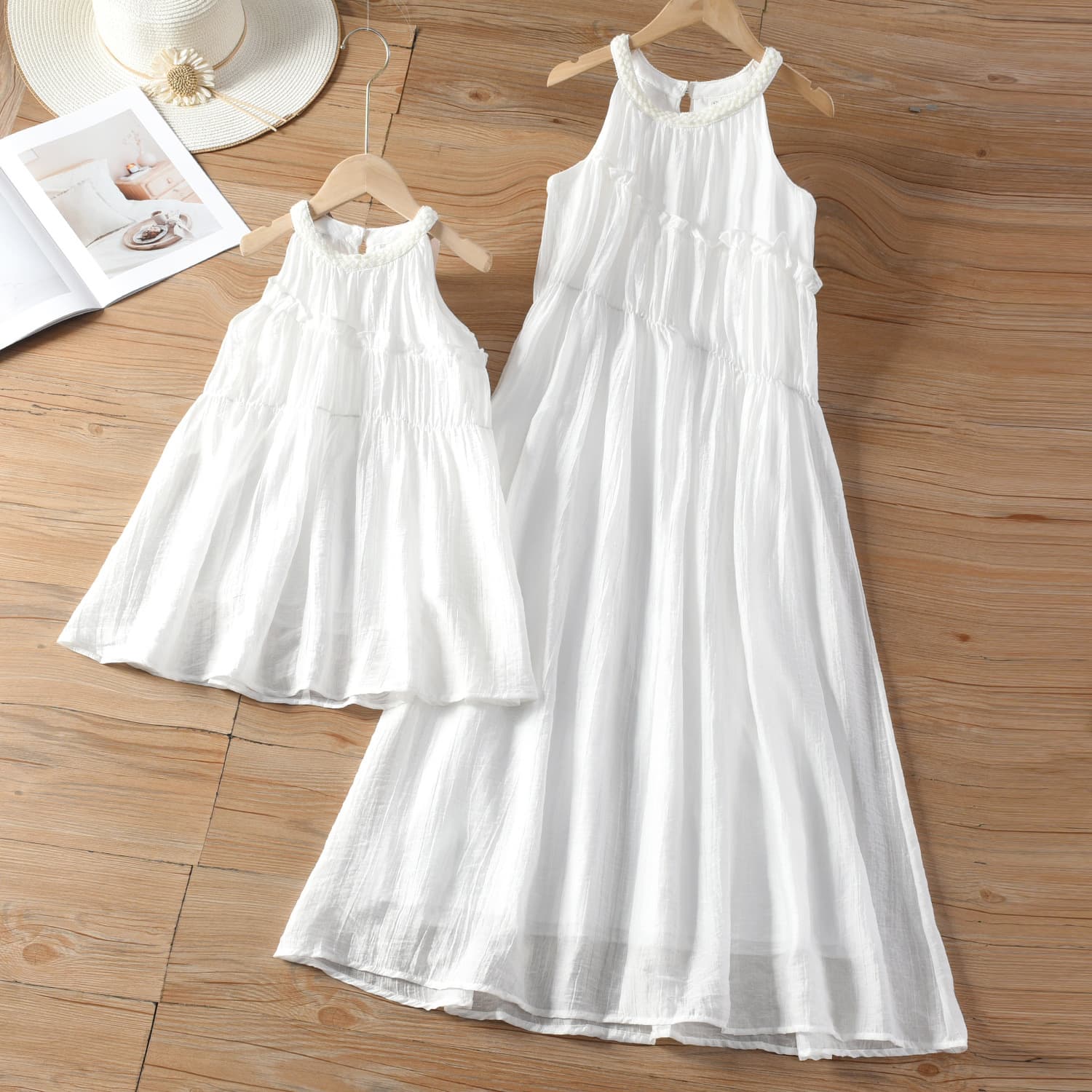 French-style woven halter neck elegant mother-daughter matching summer beach dress, tie-dyeable white dress for seaside vacation.