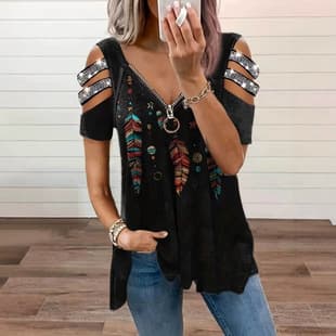 2026 European and American Cross-border Wish Women's Fashion V-Neck Zip Pullover Short Sleeve Loose T-Shirt Hollow Out Top