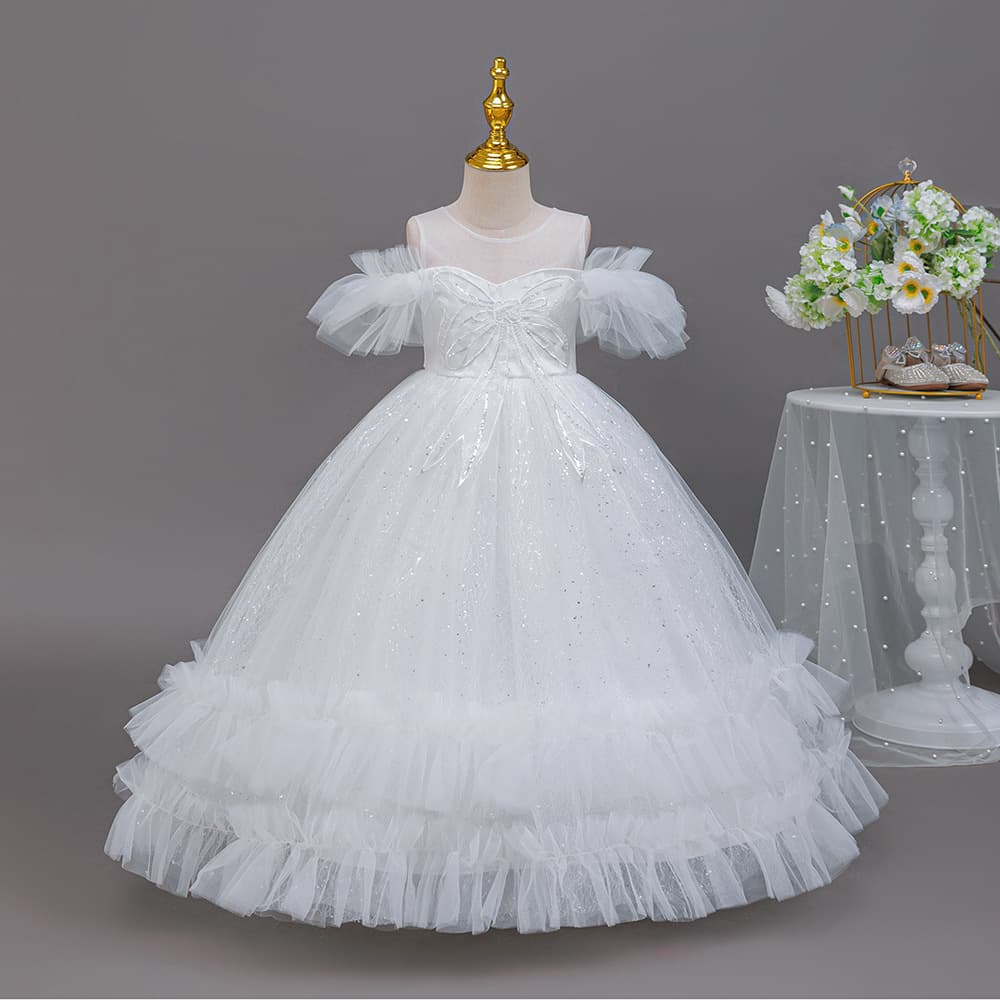 Premium Children Princess Dress Girl Butterfly Tutu Tulle Dress Flower Girl White Wedding Gown Host Performance