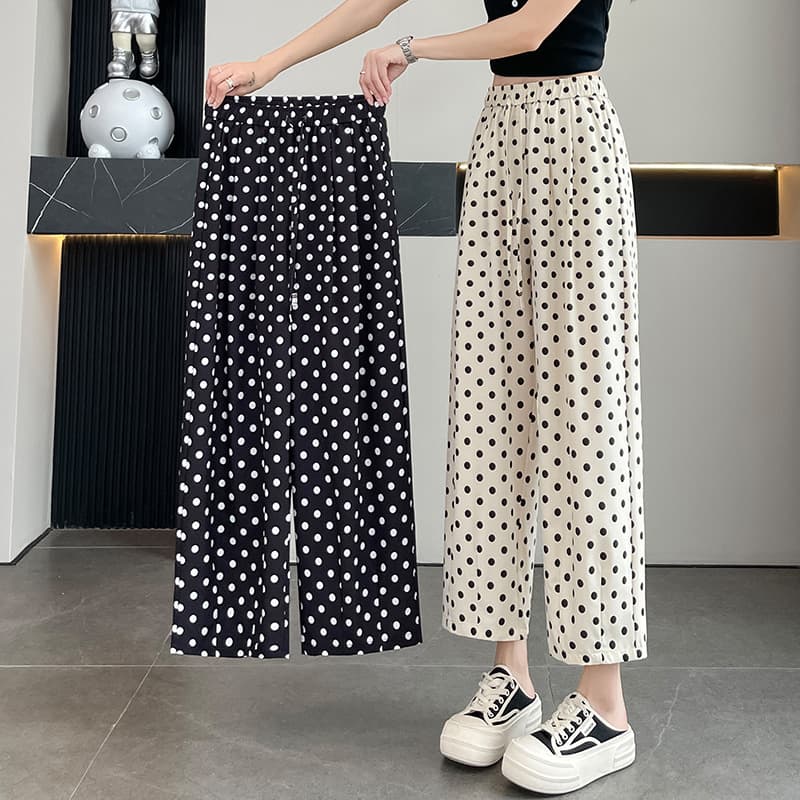 Ice Silk Elastic Waist Wide-Leg Pants for Women, Summer Thin High-Waist Flowing Lazy Style, Petite Straight Loose Casual Trousers