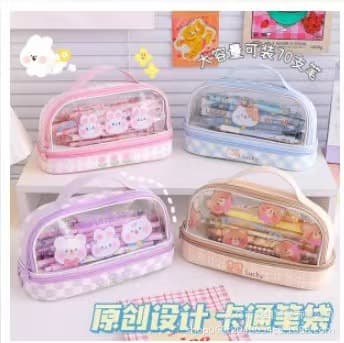 Factory Ins Cross-border Xiaohongshu Transparent Cartoon Pencil Case Student Pencil Box Stationery Storage Large Capacity Pencil Case