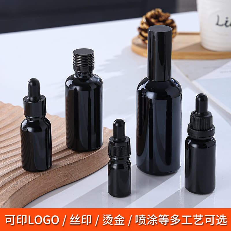 Black Essential Oil Bottle Glass Sample Bottle Refillable Bottle Cosmetic Packaging Essence Liquid Empty Bottle Essential Oil Dropper Bottle