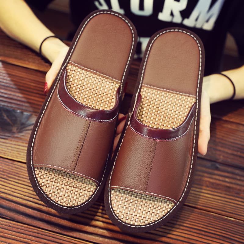 Summer Cowhide Slippers for Men and Women, Indoor Non-Slip Wooden Floor Home Slippers with Soft Sole and Cowhide Upper