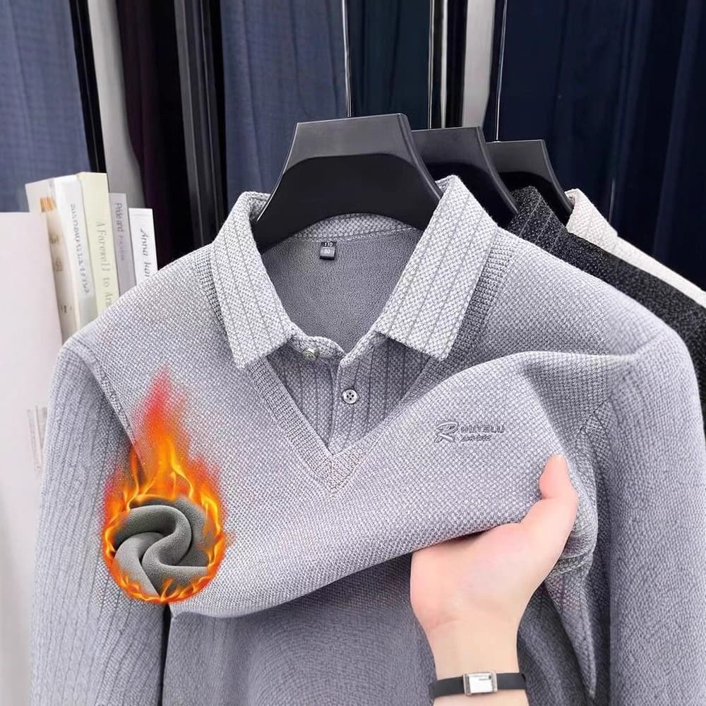 TikTok Same Style Middle-Aged Men Two-in-One Fleece Lined Thickened Warm Polo Shirt Chenille Autumn/Winter Sweater T-Shirt
