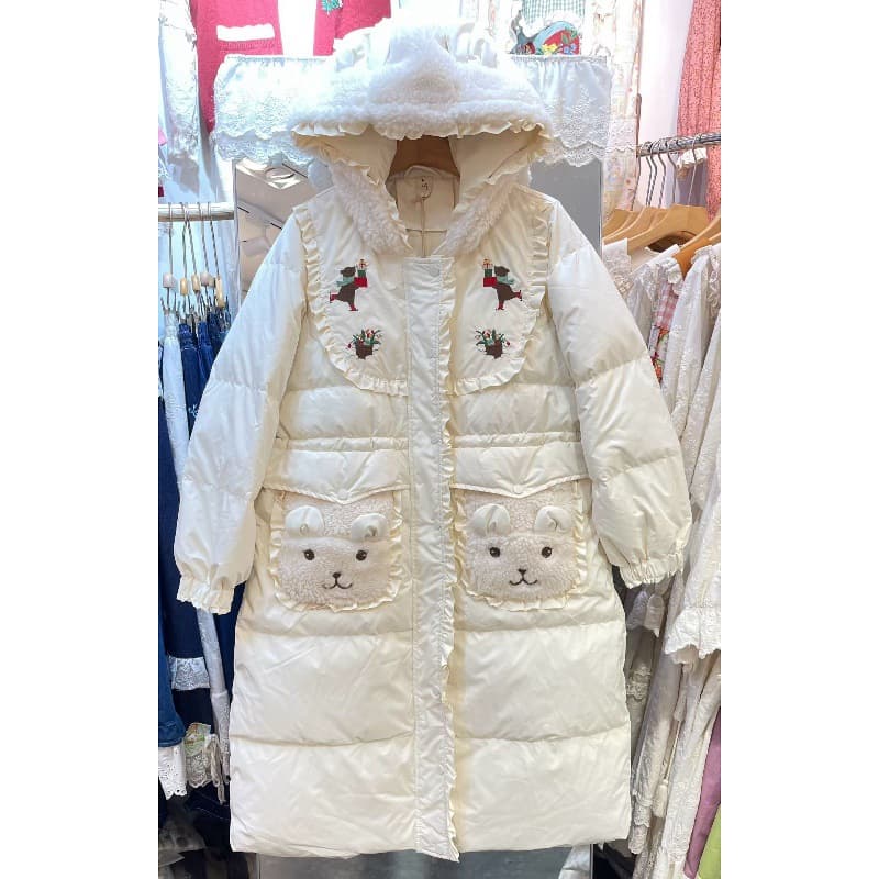 2025 Winter New Heavy Embroidery Lace Patch Sweet Youthful Cartoon Cat Head Mid-Length Hooded Down Coat