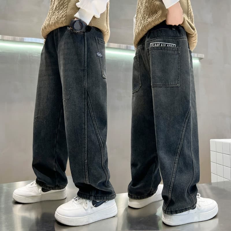 Boys' Sporty Wide-Leg Jeans Straight-Cut Trousers Spring Autumn Loose Fit Children's Long Pants Cotton Polyester Blend