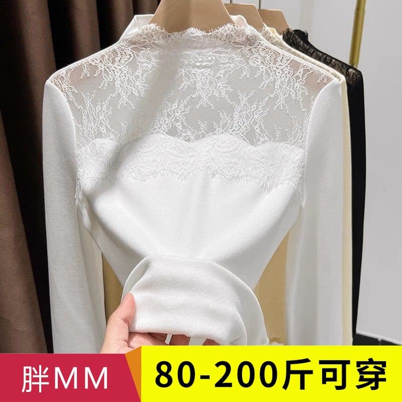 Women's Half-Turtleneck Hollow Lace Patchwork Base Layer Top 2025 Spring/Autumn Premium Brushed Velvet Slim Fit Fashion Top