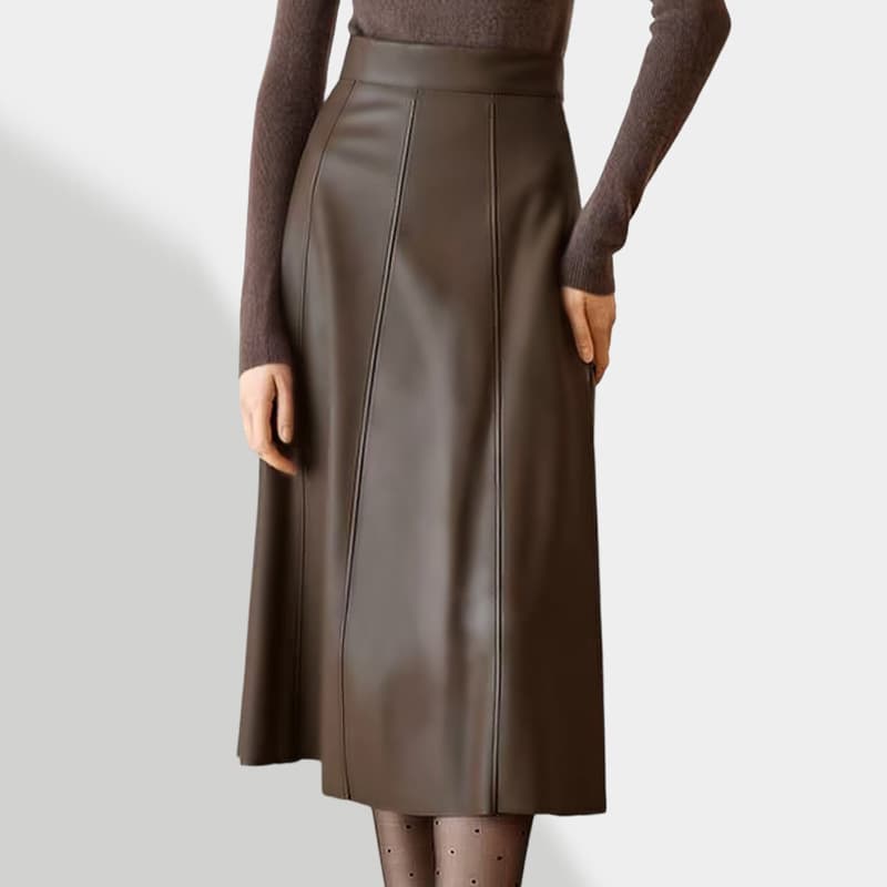 Brown Vintage Leather Skirt for Women High-Waist 2026 Autumn/Winter New Arrival Petite Elegant A-Line Midi Flared Skirt