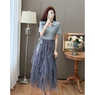 Mesh Patchwork Lace-up Dress, Waist-cinching, Slimming, Concealing, Fairy-style, Small Collar, Midi Plus Size Dress
