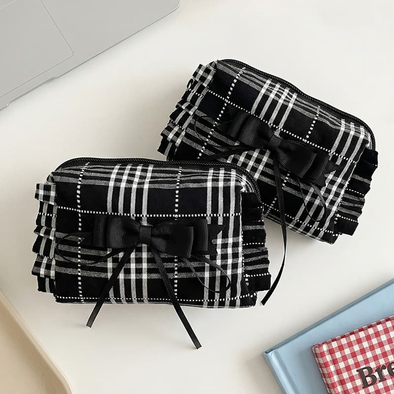 Cross-border black and white plaid coin purse, bow lace, portable cosmetic bag, student high-looking lipstick storage bag