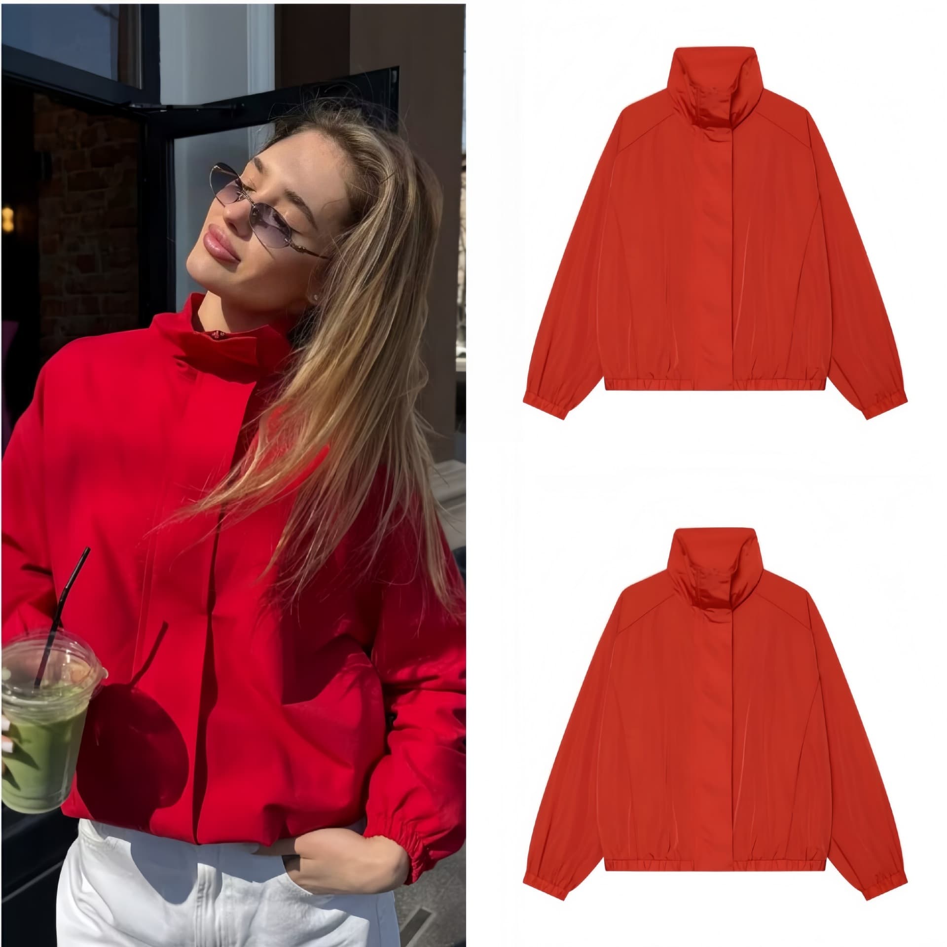 PB&ZA Women's 2026 Summer New Red Stand Collar Zipper Loose Sporty Harrington Jacket