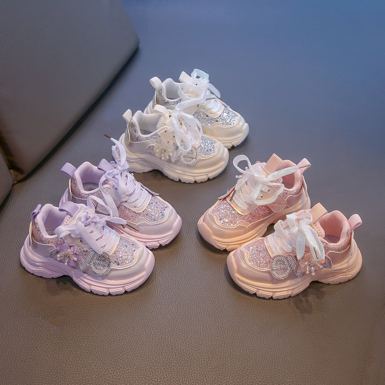 Girls' Athletic Shoes 2026 Fall New Flower Sequins Princess Style Kids Running Sneakers Dad Shoes Trendy