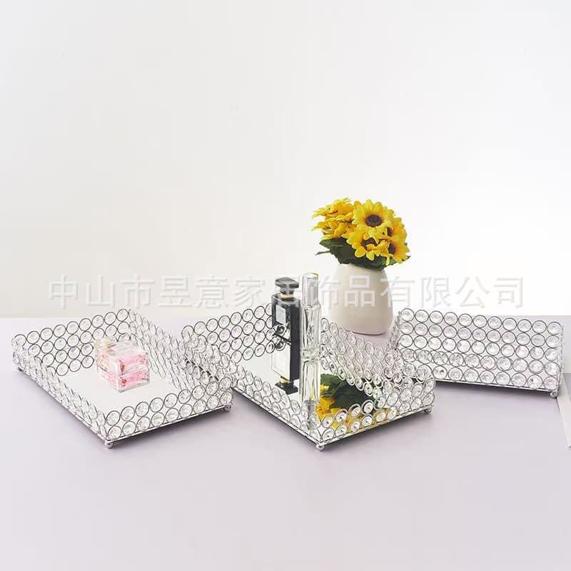 Hot-selling creative crystal tray, cross-border special mirror tray, cosmetic storage tray, iron crystal tray