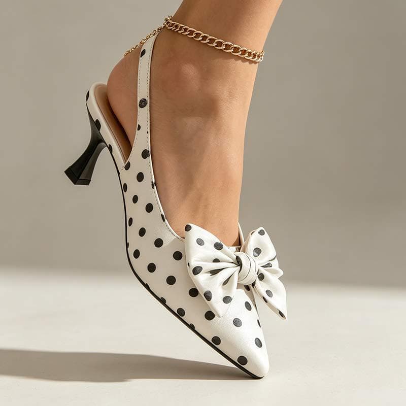 Cross-border trade~ Large size black and white polka dot bow pointed toe sandals 2026 new backless one-strap stiletto heel sandals
