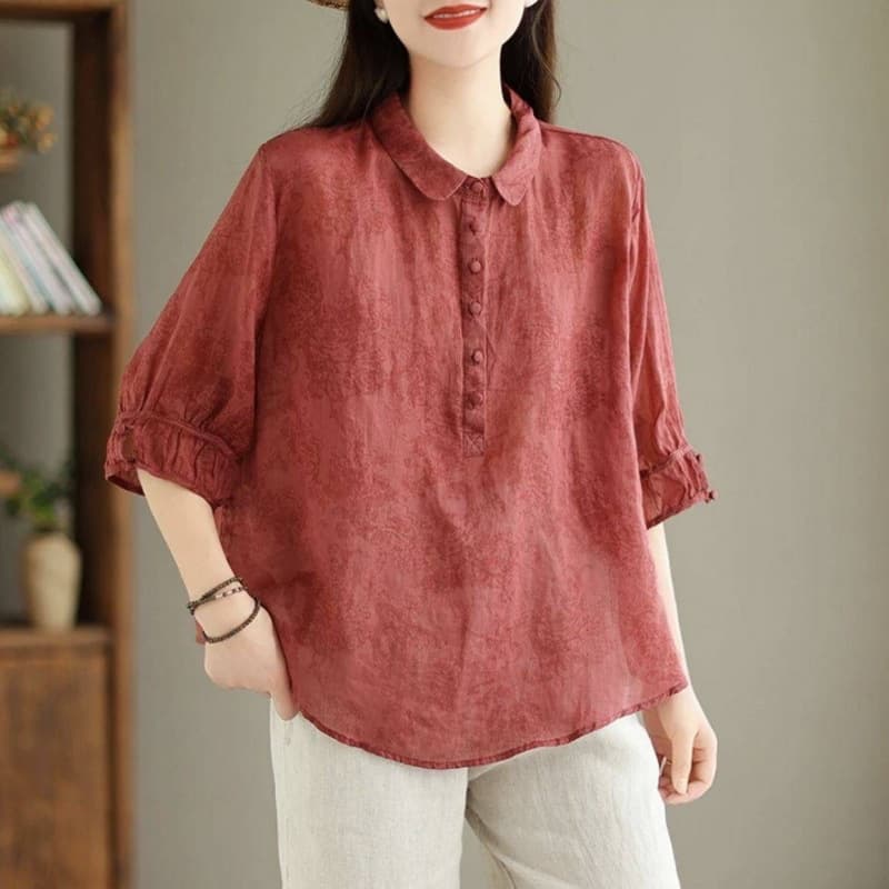 2025 New Fashion Jacquard Turn-Down Collar Shirt, Vintage Women's Three-Quarter Sleeve Blouse, Slimming and Concealing Thin Top
