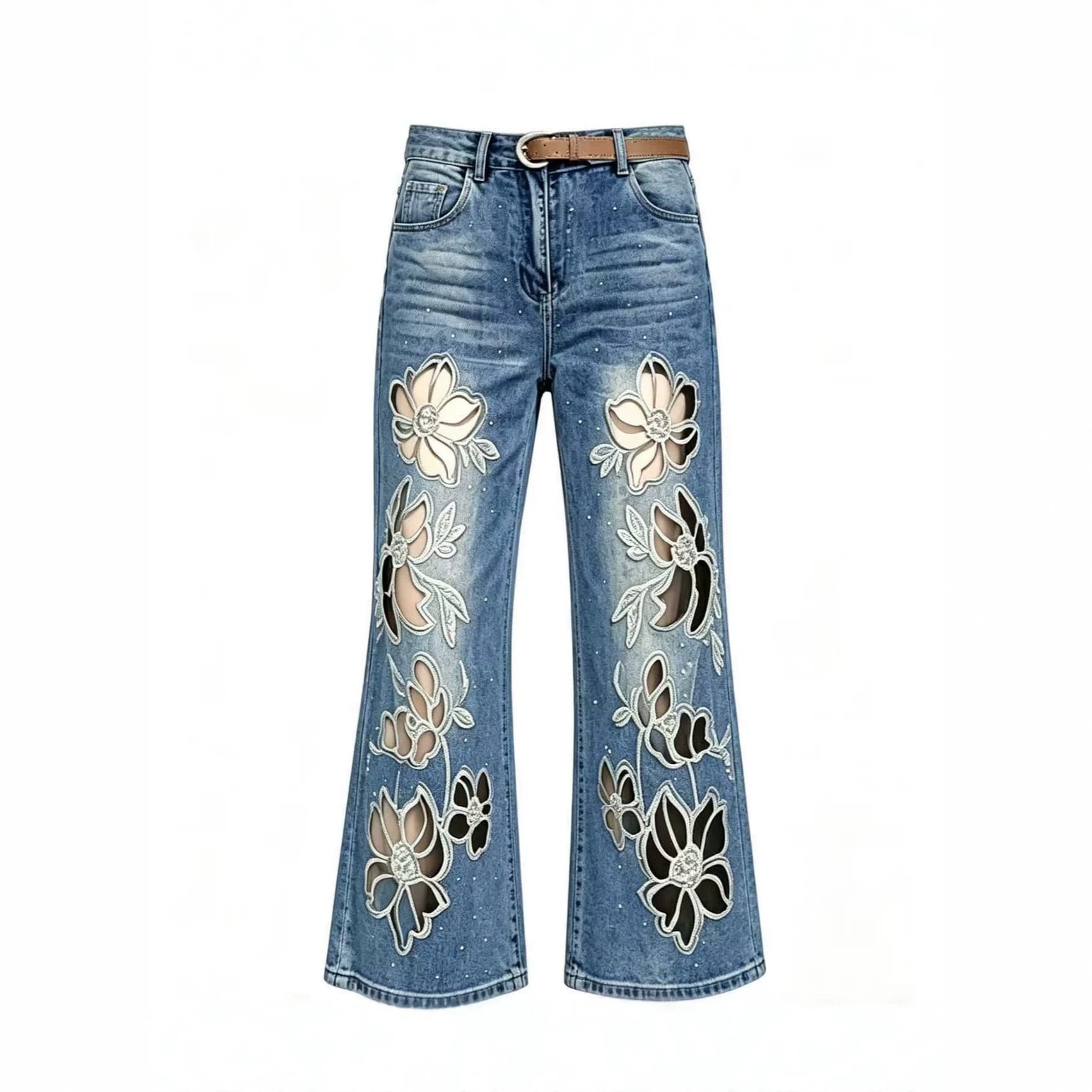Hollow-out hot-drilled hollow embroidered bootcut jeans for women spring and summer 2026 high-waisted slimming and taller nine-point pants