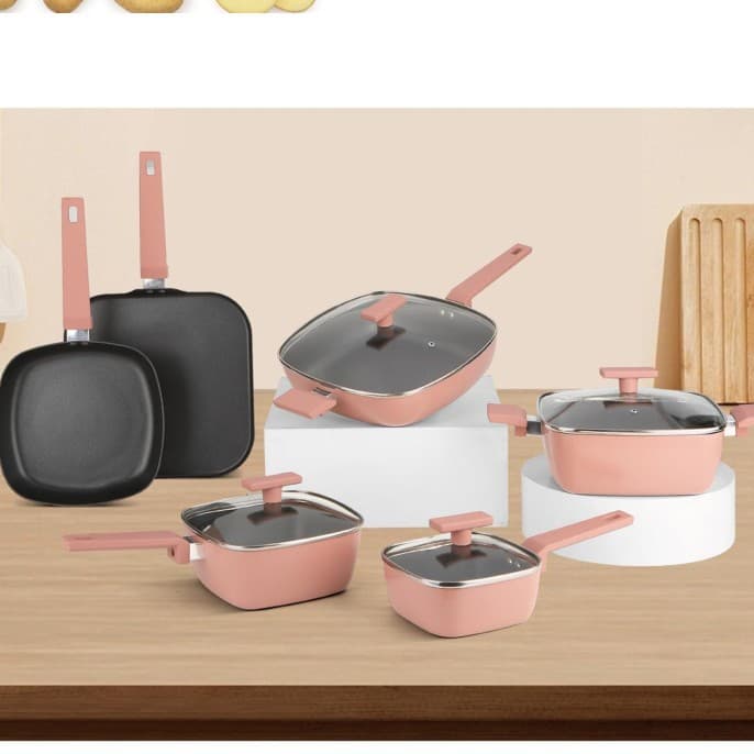 Cross-border macaron pink square wok, aluminum alloy non-stick pan set, pot, pan, household soup pot