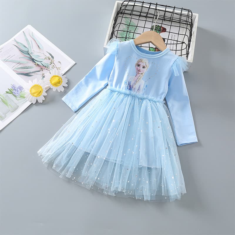 Spring and Autumn Girls' Frozen Elsa Long Sleeve Dress Children's Mesh Puffy Skirt Girls' Birthday Princess Dress Trendy